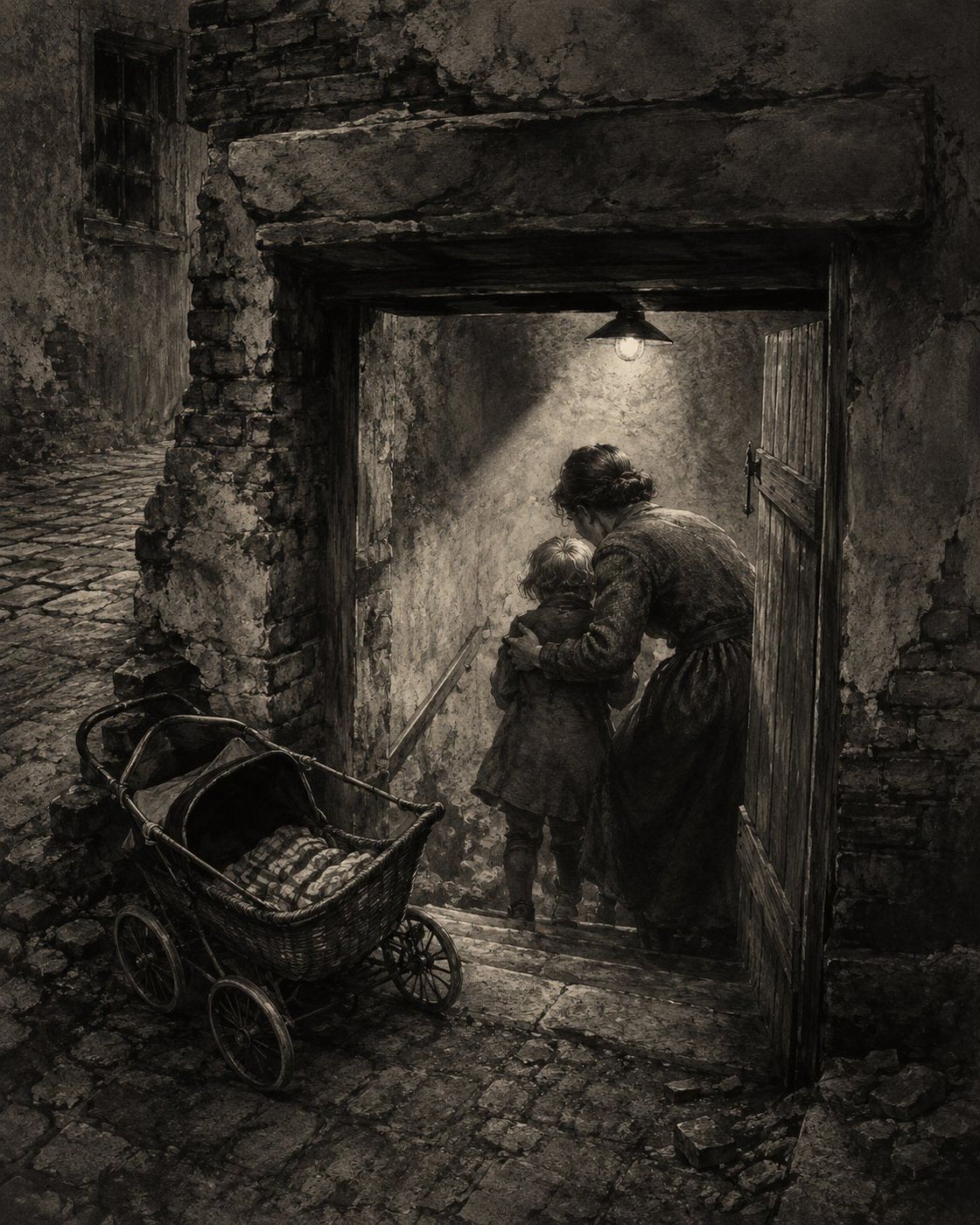A charcoal illustration of a family sheltering in a cellar.