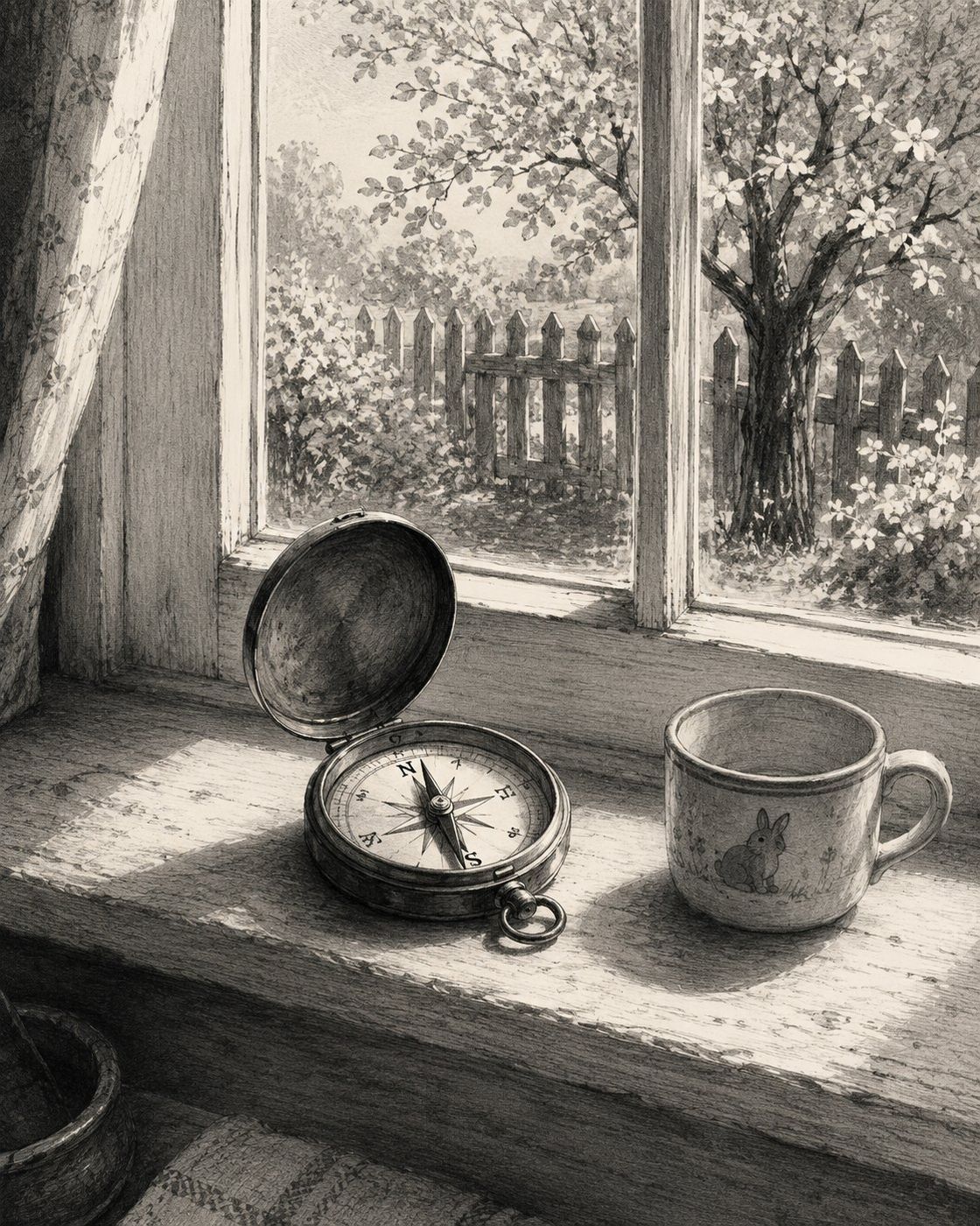 A charcoal illustration of a brass compass.